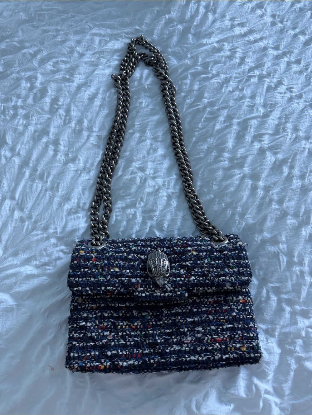 Kurt Geiger Navy Multicolor Tweed Shoulder Bag with Chain